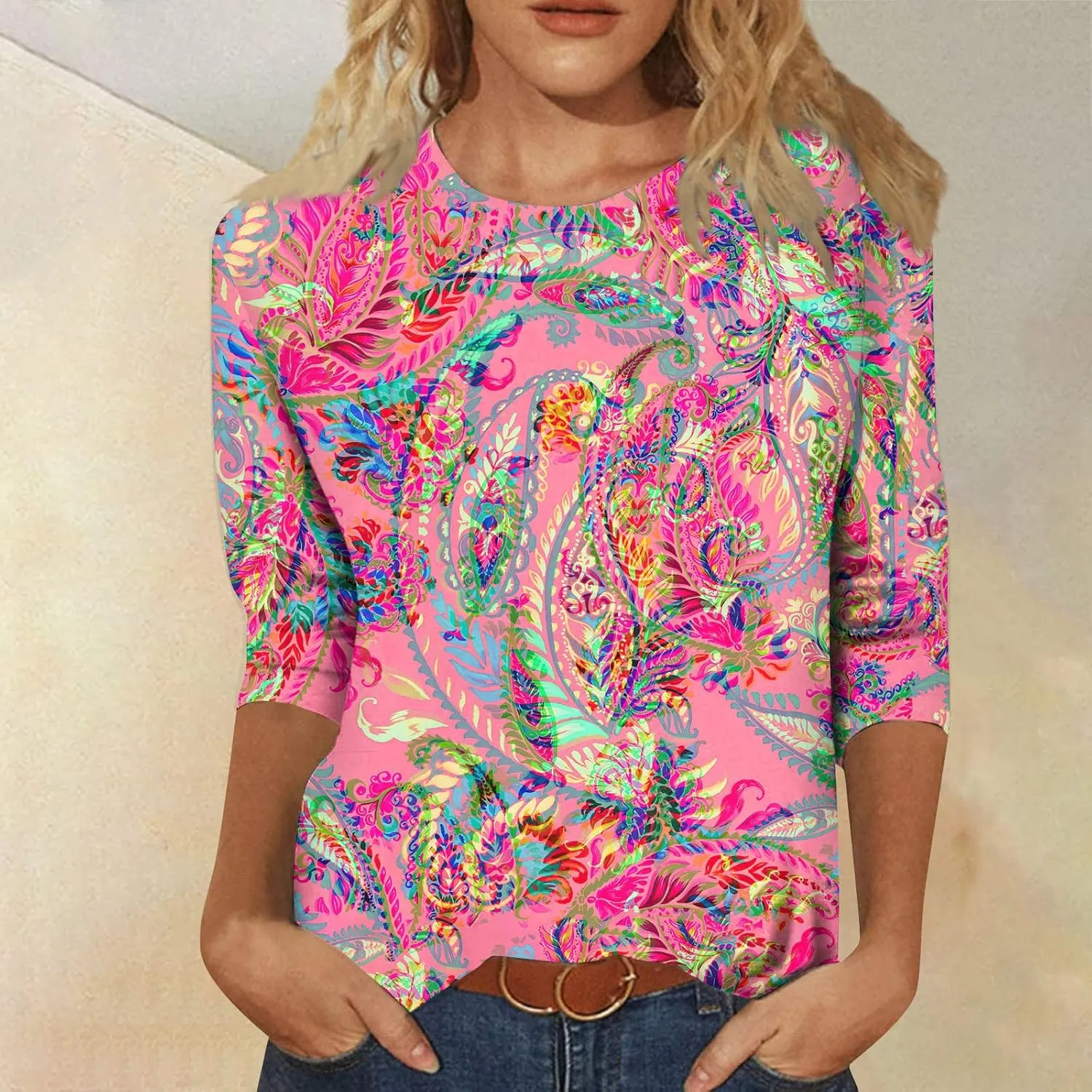 Womens Summer 3/4 Sleeve Tops 2025 Floral Print Round Neck Shirts Loose Fit Three Quarter Sleeve Tshirts