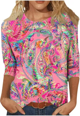 Womens Summer 3/4 Sleeve Tops 2025 Floral Print Round Neck Shirts Loose Fit Three Quarter Sleeve Tshirts