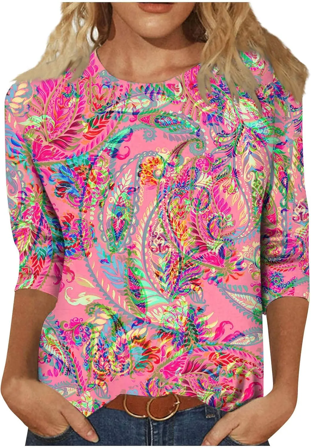Womens Summer 3/4 Sleeve Tops 2025 Floral Print Round Neck Shirts Loose Fit Three Quarter Sleeve Tshirts