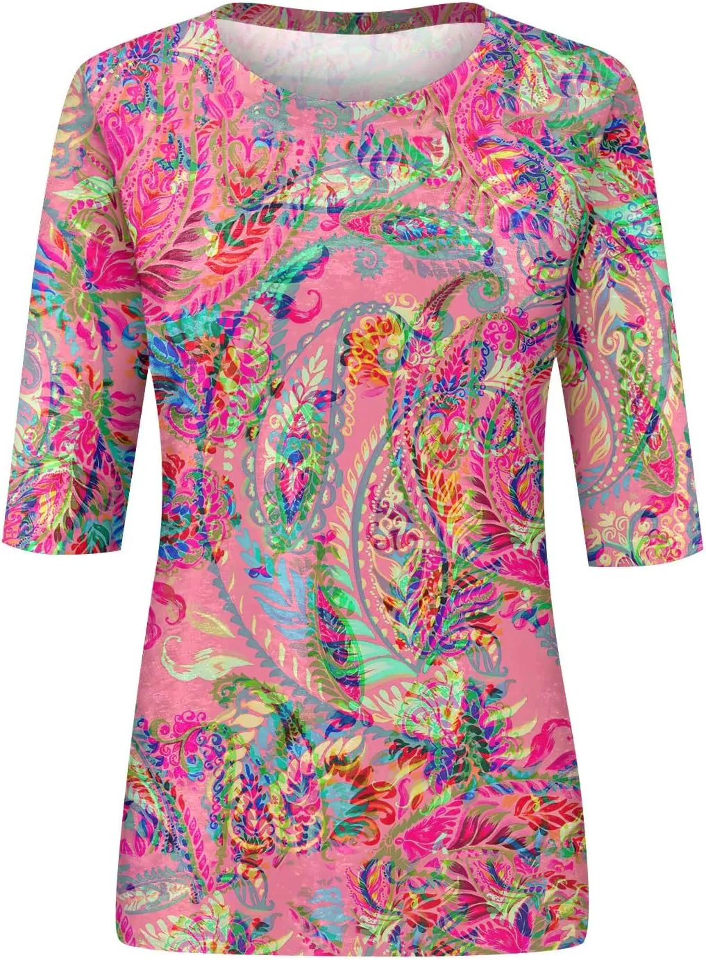Womens Summer 3/4 Sleeve Tops 2025 Floral Print Round Neck Shirts Loose Fit Three Quarter Sleeve Tshirts