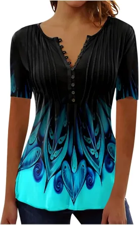 Womens Summer Tops 2025 Dressy Casual Short Sleeve Button V Neck T Shirts Trendy Cute Printed Tees Tunic Blouses