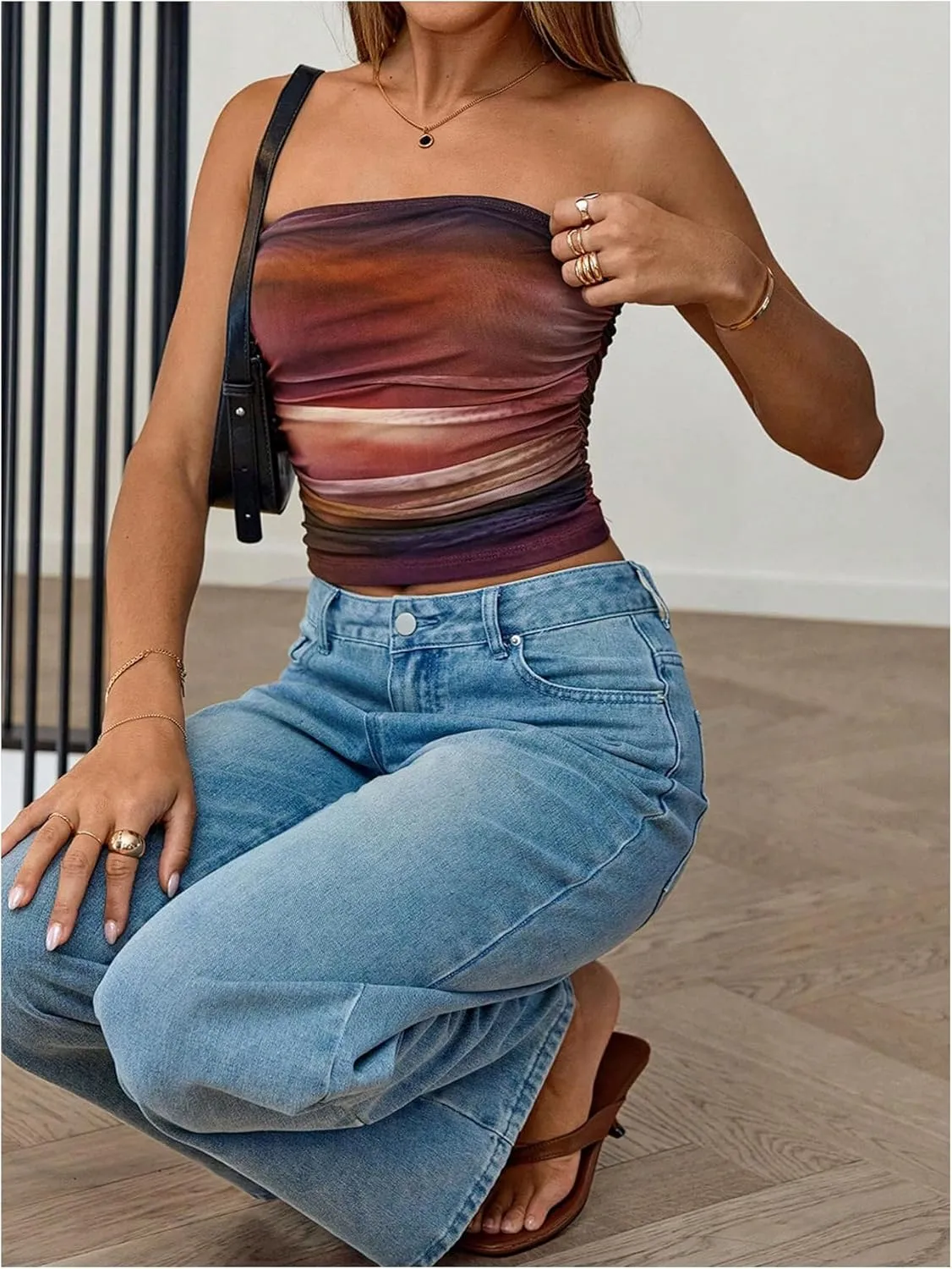 Women's Tie Dye Ruched Strapless Tube Top Sleeveless Fitted Elegant Crop Tops Going Out Bandeau