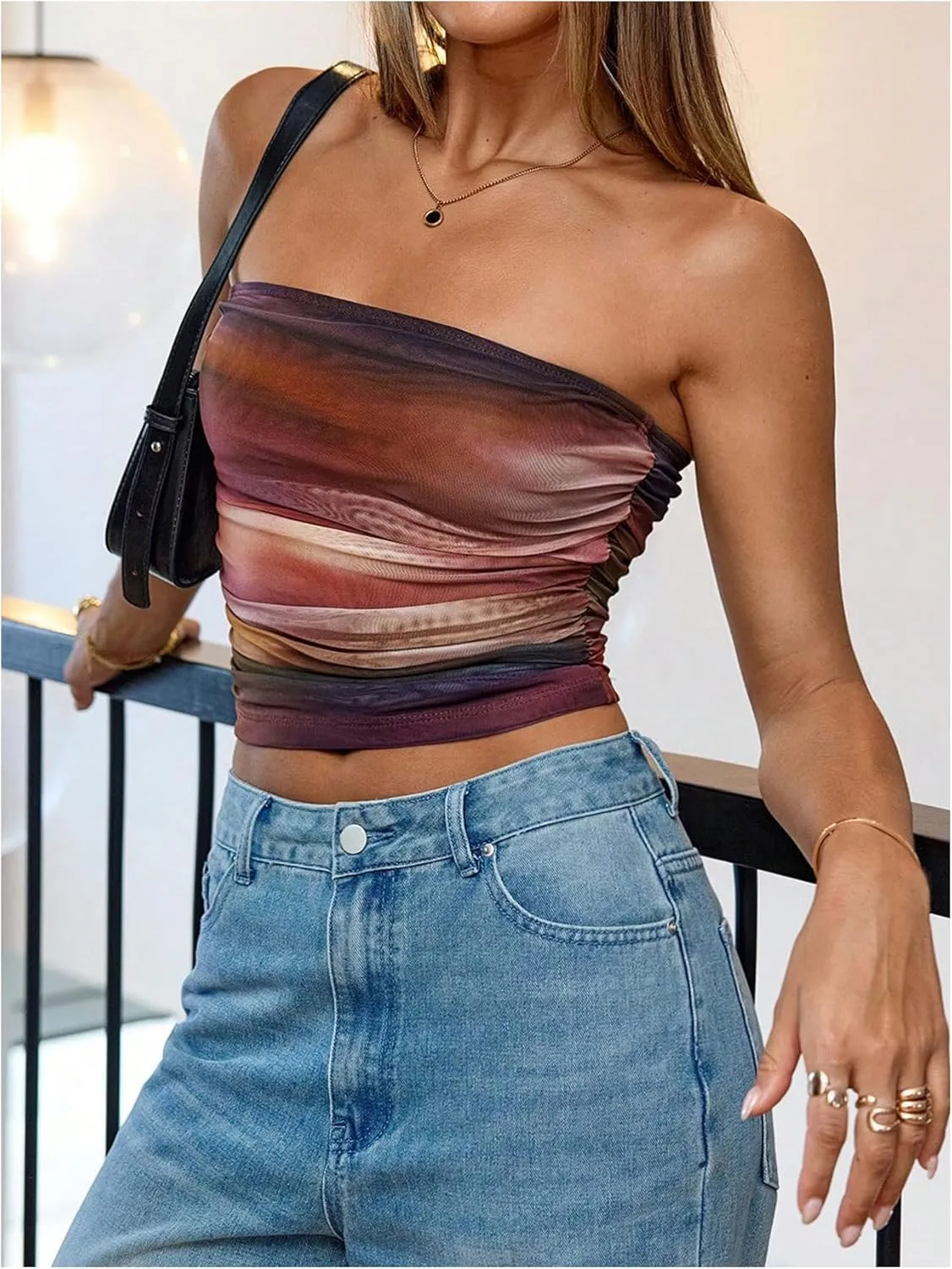 Women's Tie Dye Ruched Strapless Tube Top Sleeveless Fitted Elegant Crop Tops Going Out Bandeau