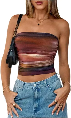 Women's Tie Dye Ruched Strapless Tube Top Sleeveless Fitted Elegant Crop Tops Going Out Bandeau