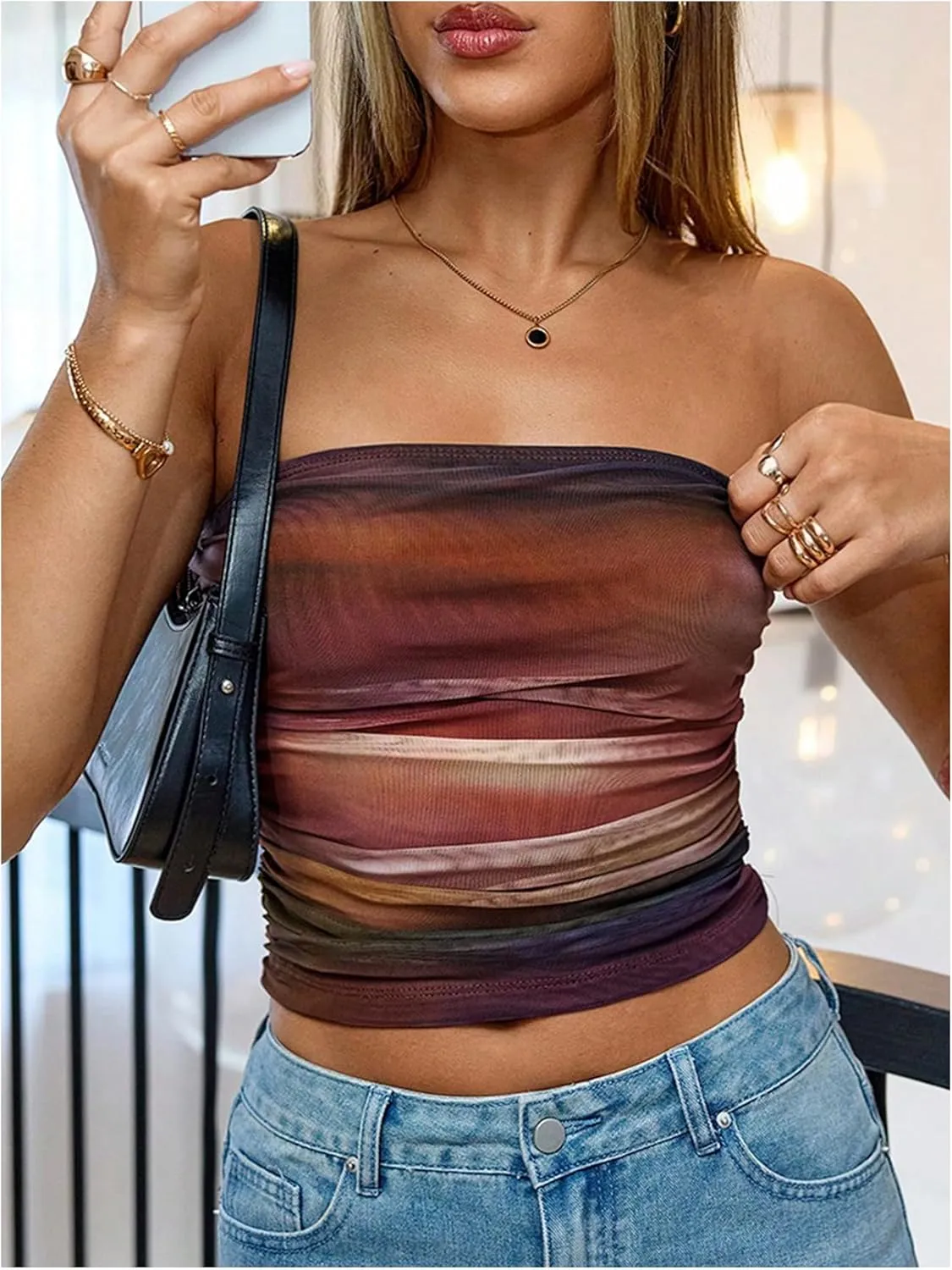 Women's Tie Dye Ruched Strapless Tube Top Sleeveless Fitted Elegant Crop Tops Going Out Bandeau