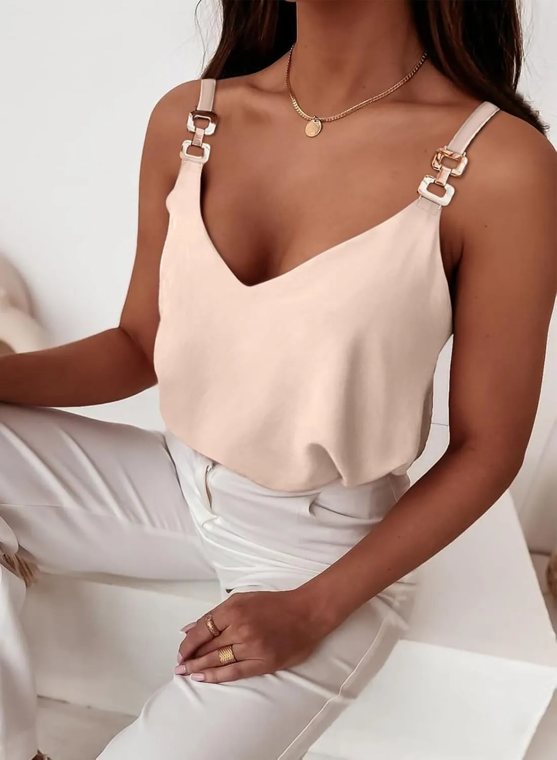 Womens Tops Chain Straps V Neck Chiffon Cami Shirts Fashion Tank Tops Sleeveless Blouses Tops