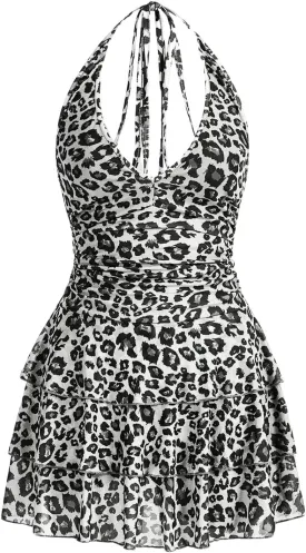Women's Y2K Leopard Print Halter Dress Sexy Ruched Tie Backless Tiered Layer Mini Dresses Cheetah Mesh Ruffle Dress