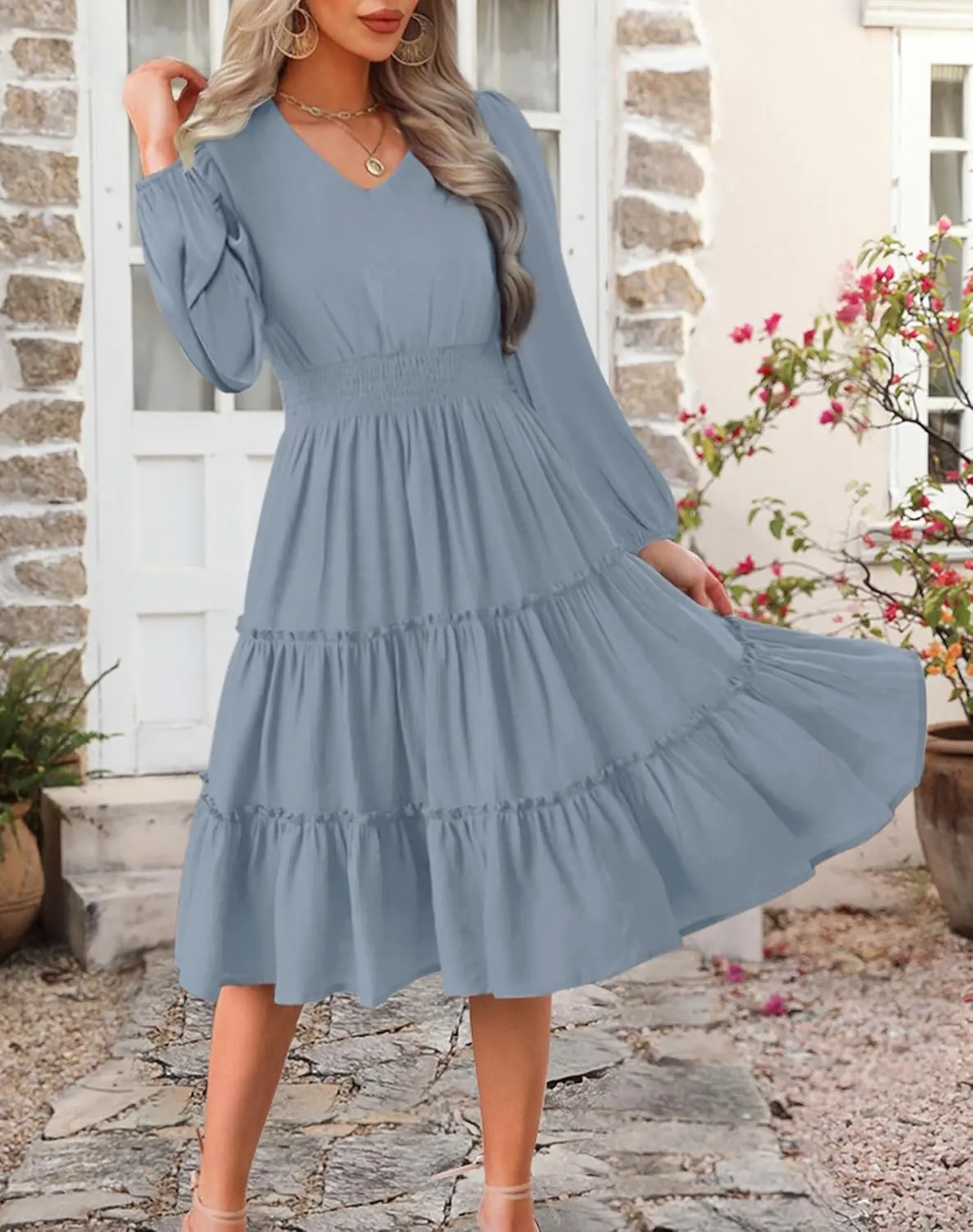 Zattcas Women 2025 Sping Summer Dress V Neck Smocked Waist Casual Flowy A Line Tiered Work Midi Dresses