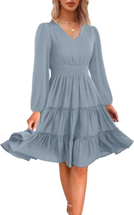 Zattcas Women 2025 Sping Summer Dress V Neck Smocked Waist Casual Flowy A Line Tiered Work Midi Dresses
