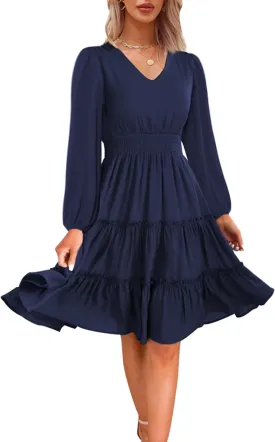 Zattcas Women 2025 Sping Summer Dress V Neck Smocked Waist Casual Flowy A Line Tiered Work Midi Dresses